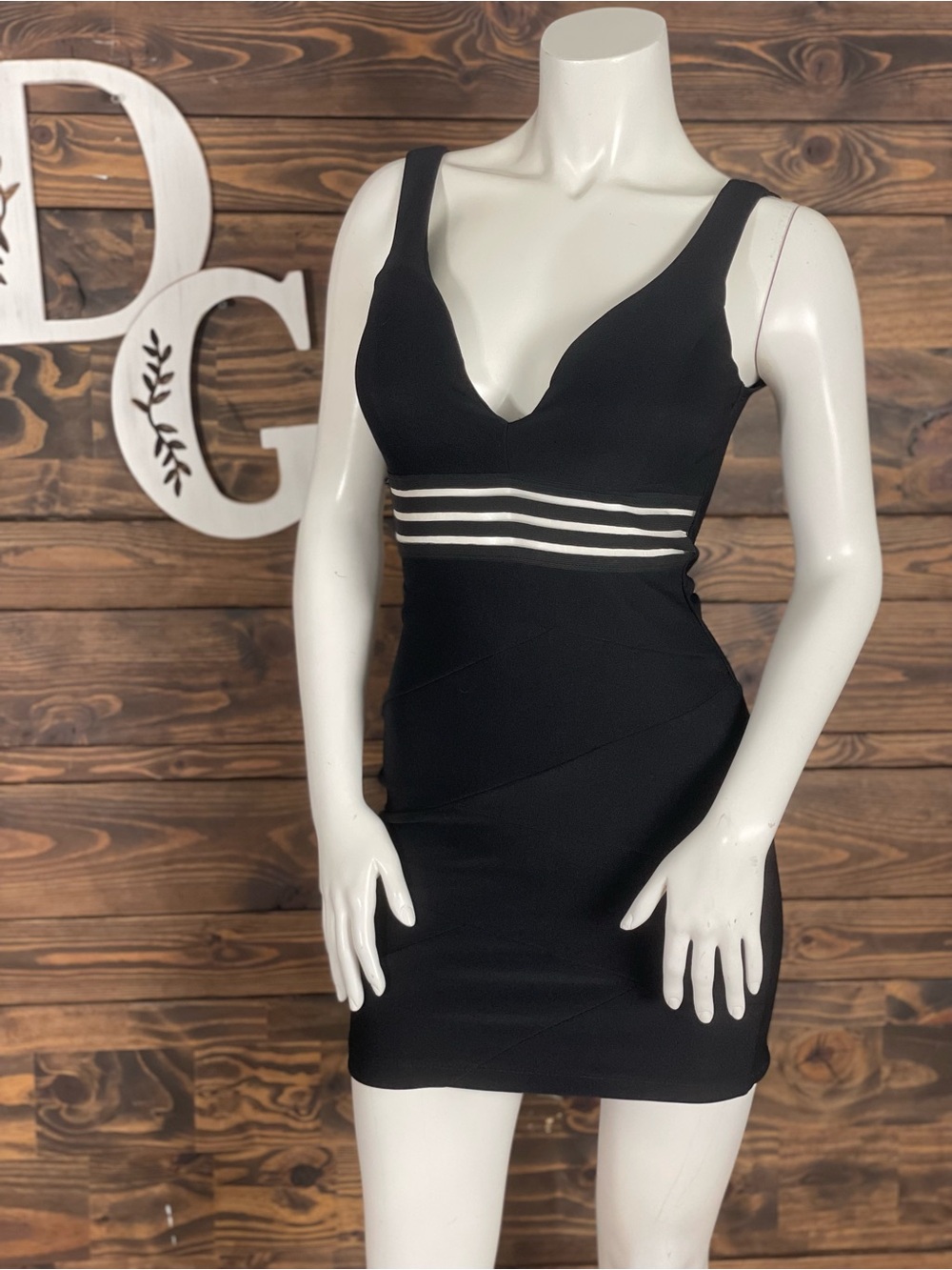 Emerald Sundae | Bodycon Plunge V-Neck Dress Contrast Stripes Ruched Cinched Zip